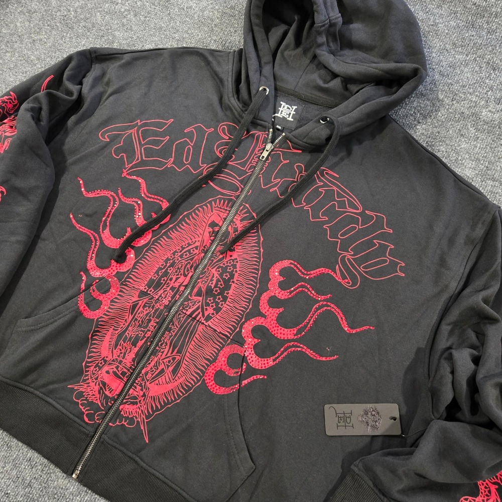 Ed Hardy Mary Dragons Boxy Zip Hoodie XXL BlackRed Rhinestone Tattoo Graphic NWT